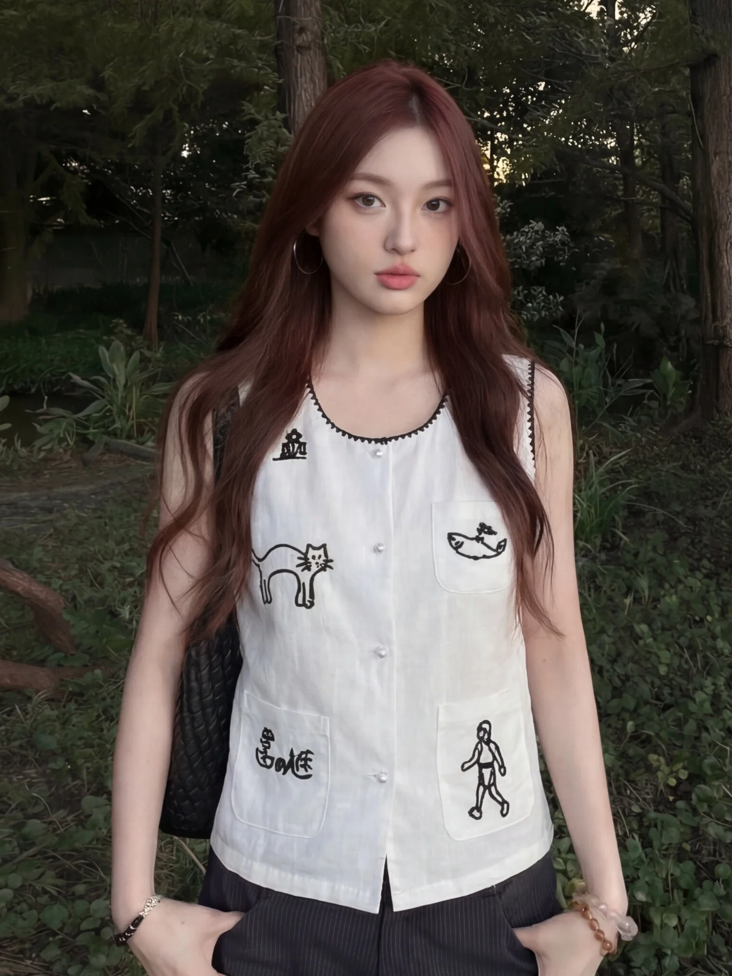 

Korean Style Embroidered Color Block round Neck Vest Women's Summer Loose Fit Sleeveless Top Breathable Lightweight