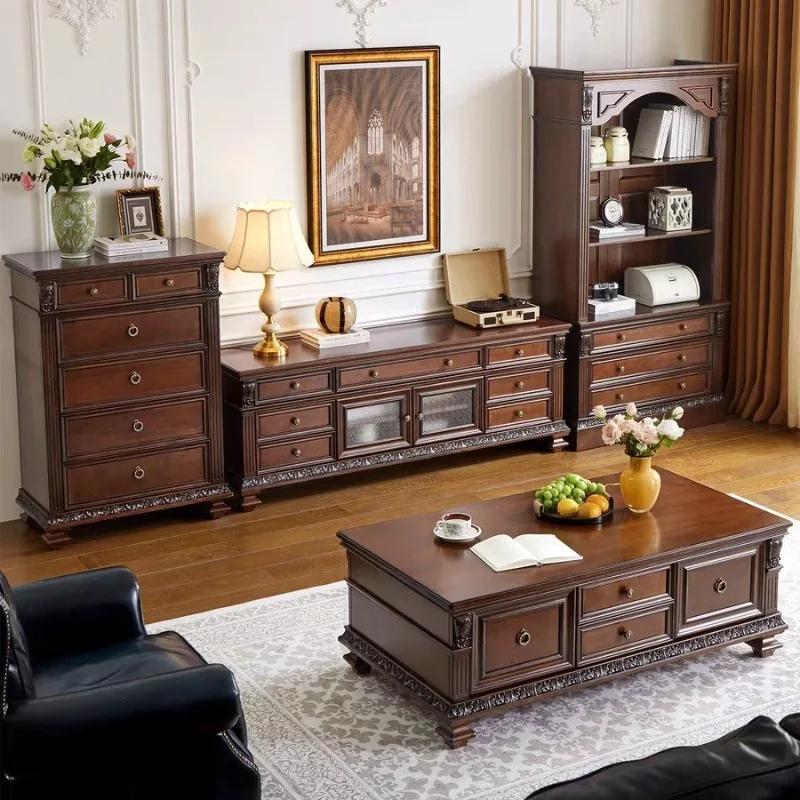 

American country French retro solid wood TV cabinet coffee table combination antique TV