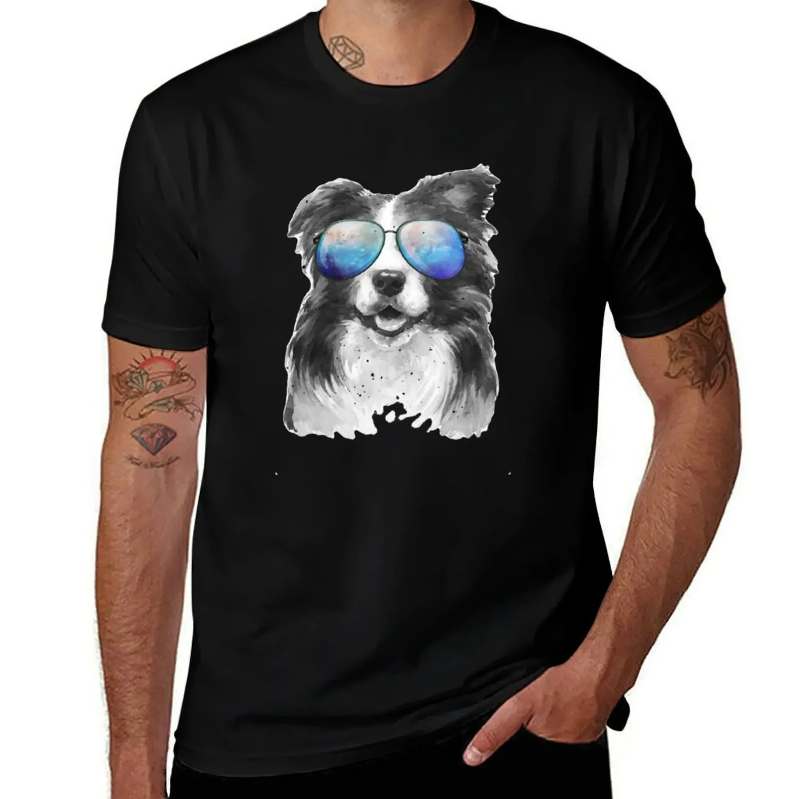 Retro Vintage Border Collie Galaxy Universe Hipster Funny Sheepdog Border Collie Lover Gift T-Shirt