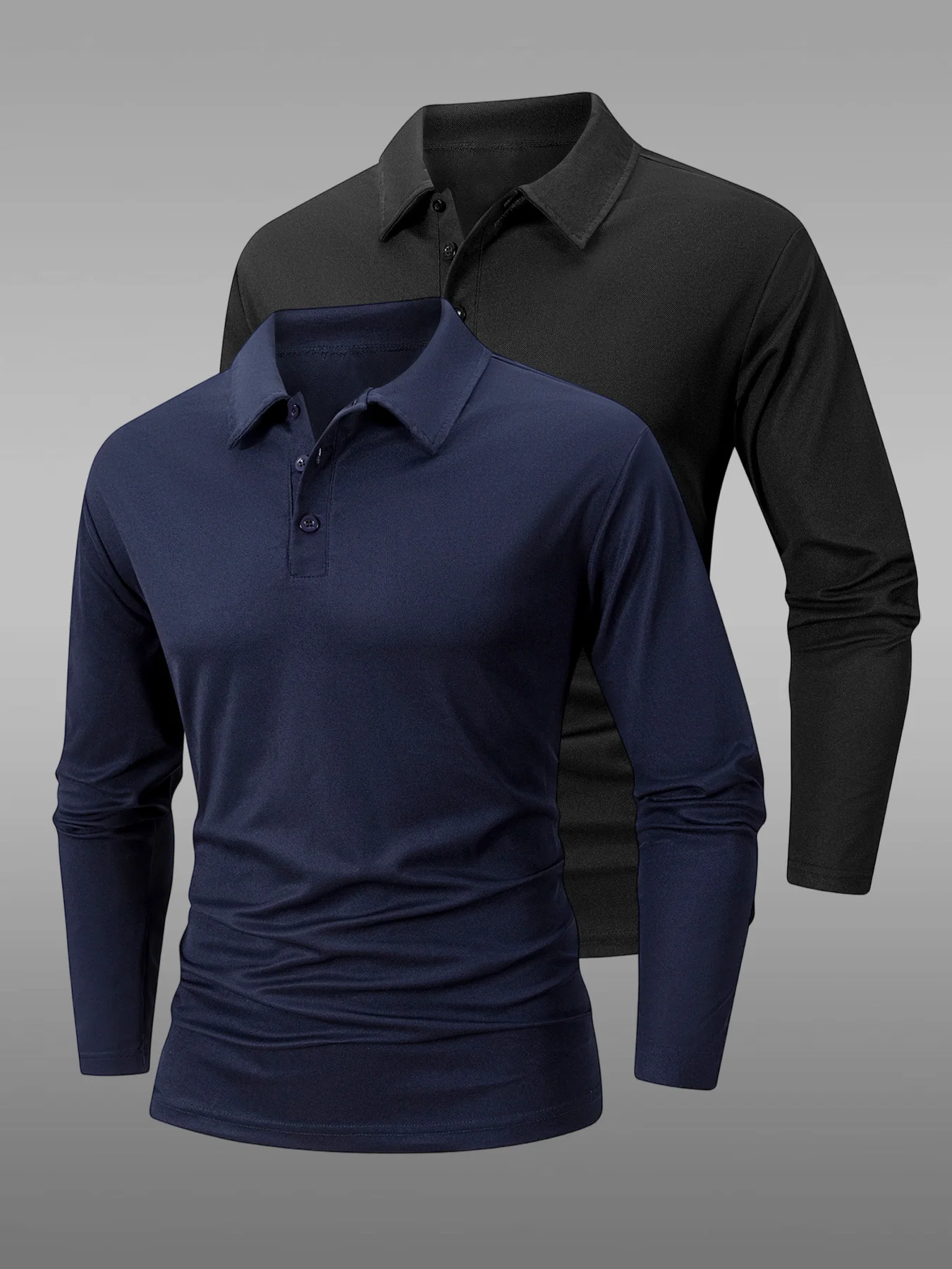 Men's 2 Pack Long Sleeve Collared Polo Shirts Premium Polyester Moisture Wicking Golf Polo Tops Casual Working Walking Outdoor