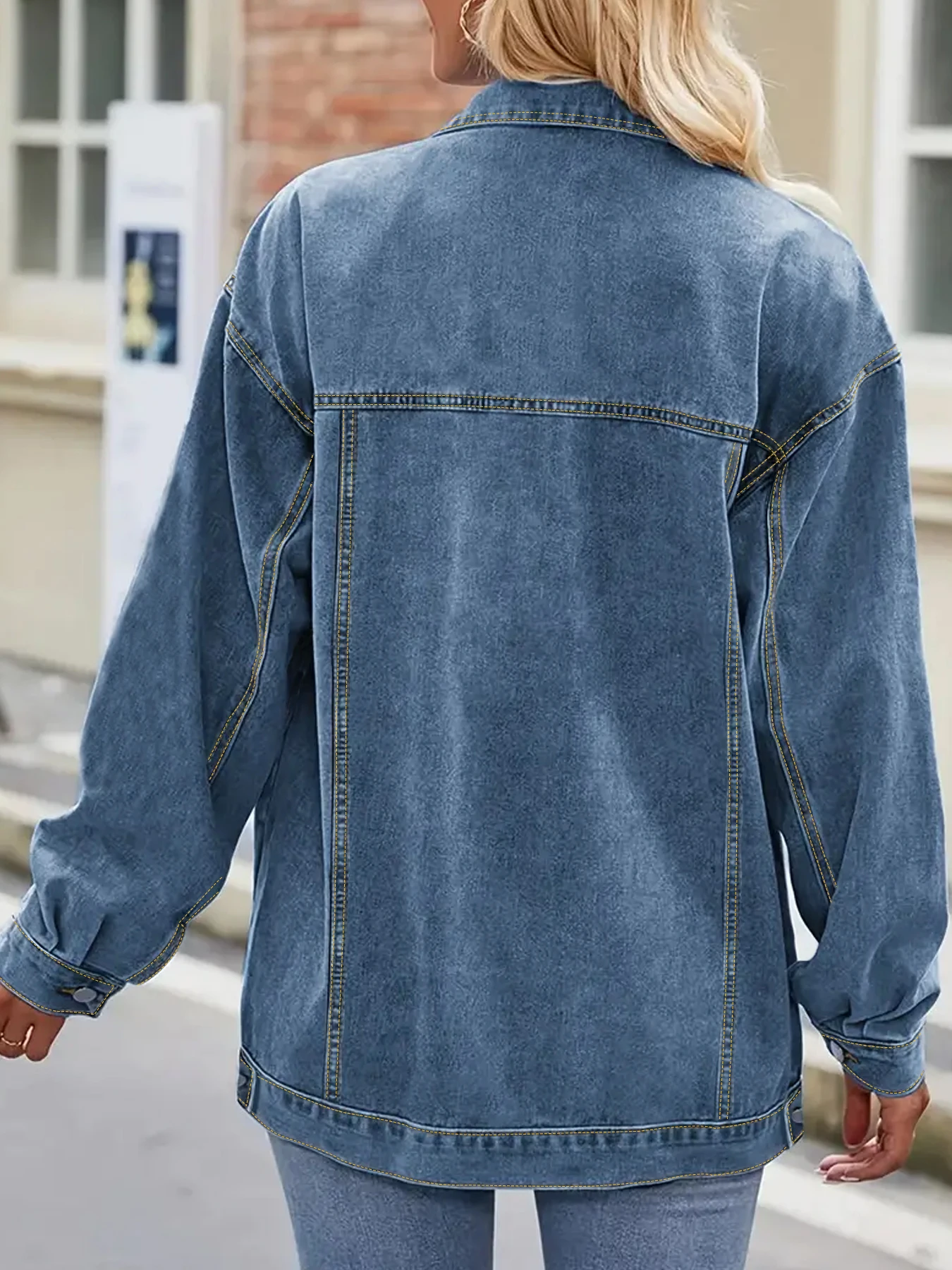 سترة نسائية فضفاضة من قماش الدنيم مقاس كبير بتصميم أزرار بسيطة مغسولة مقاس كبير سترة نسائية من قماش الدنيم ملابس خارجية غير رسمية #3