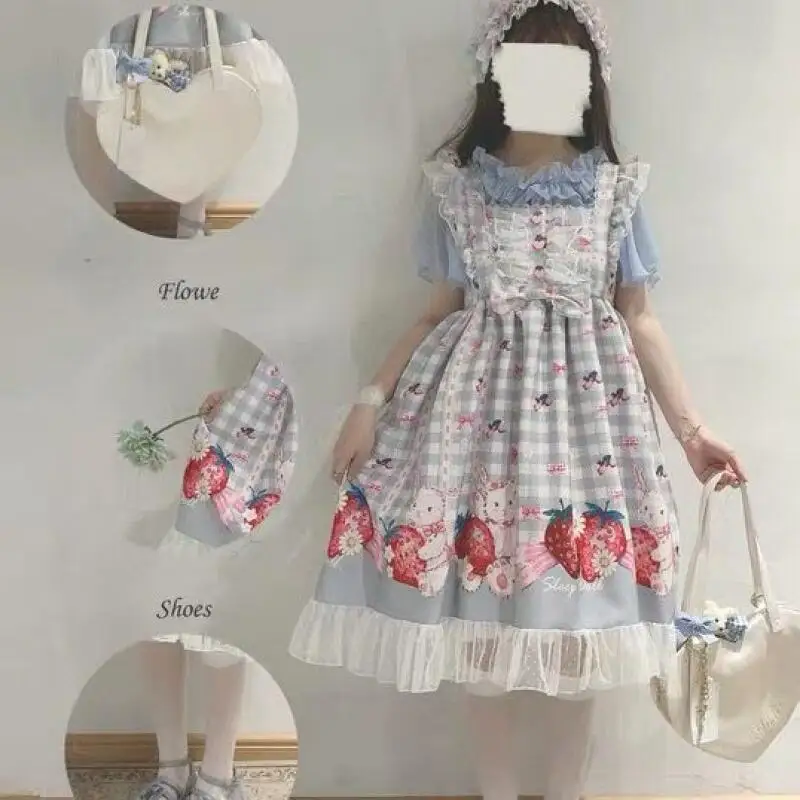 Japońska sukienka Kawaii Lolita dla dziewczynek, sukienki Jsk z motywem truskawkowego króliczka, damskie sukienki Harajuku bez rękawów, urocza spódnica księżniczki, kostium do cosplayu