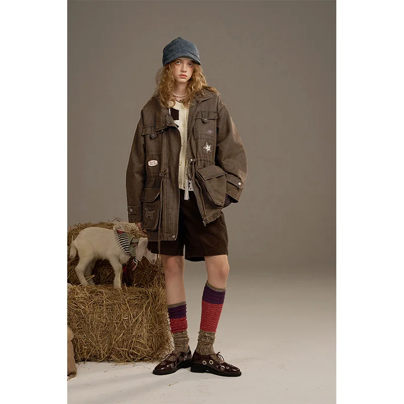 ELFSACK 2025 automne nouveautés Y2K décontracté rétro plusieurs poches veste en jean ample pour femme