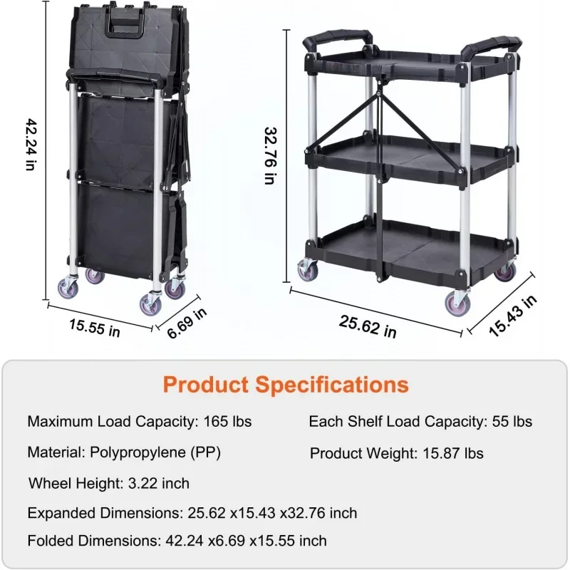 عربة خدمة المرافق القابلة للطي، عربة دوارة بلاستيكية شديدة التحمل بـ 3 أرفف بوزن 165 رطلاً مع 360 درجة °   عجلات دوارة (2 مع فرامل)،