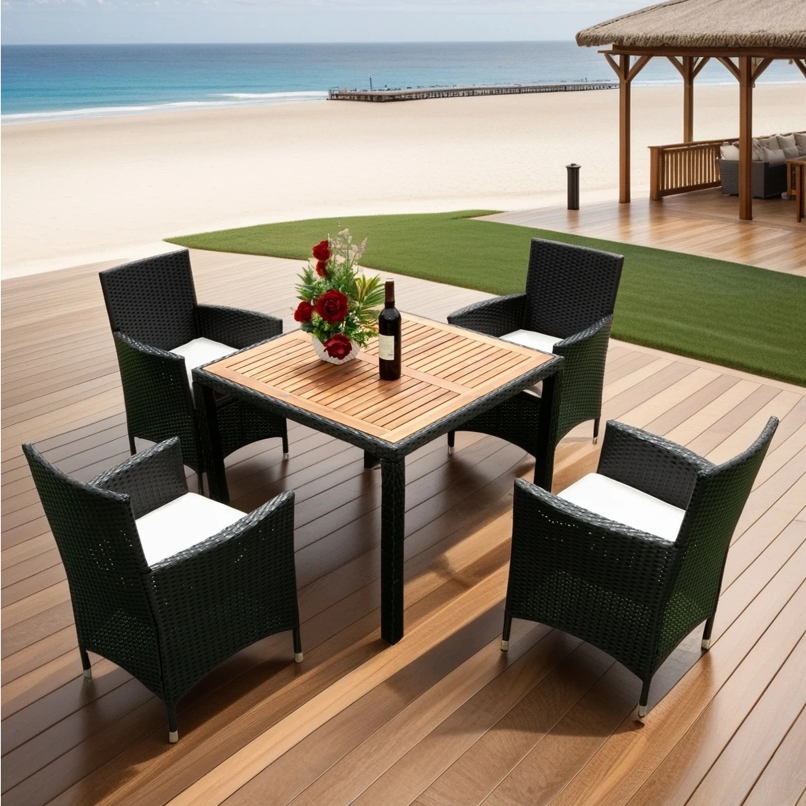 

5 Pieces Patio Dining Set, Wicker Dining Table & Chairs Set for 4 with Cushions
