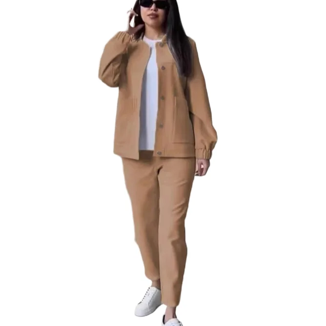 

Round Neck Single Breasted Pocket Elastic Waist Trousers 2 Piece Elegant Office Lady Suit Fashion Solid Set