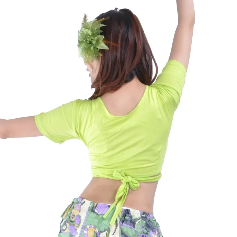 Индивидуальные шелковые хлопковые ремешки для танца живота, костюмы для танца живота, топы с короткими рукавами для фитнеса