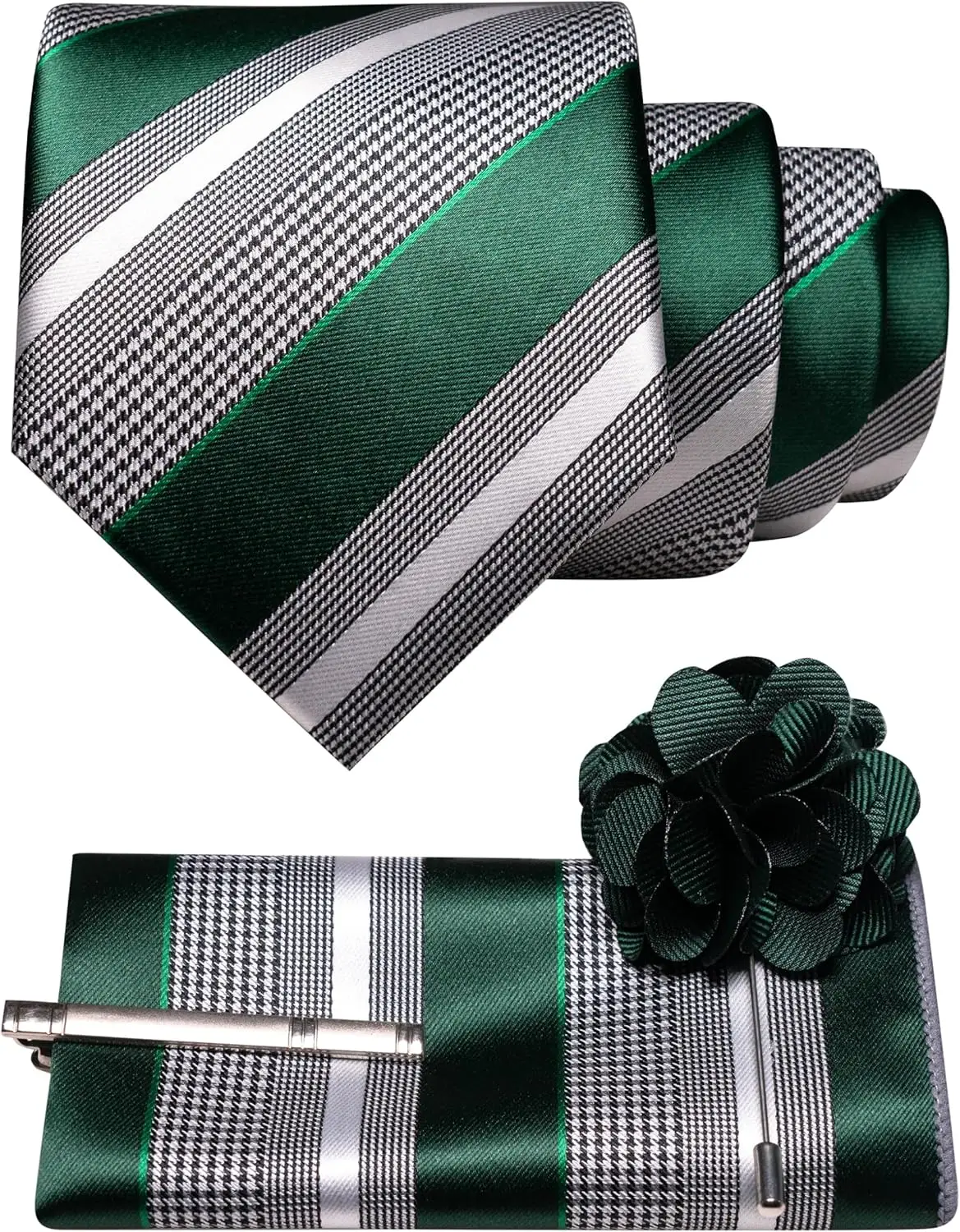 

Mens Striped Tie Set 4PCS: Necktie, Lapel Pin, Pocket Square, Tie Clip for Business Casual
