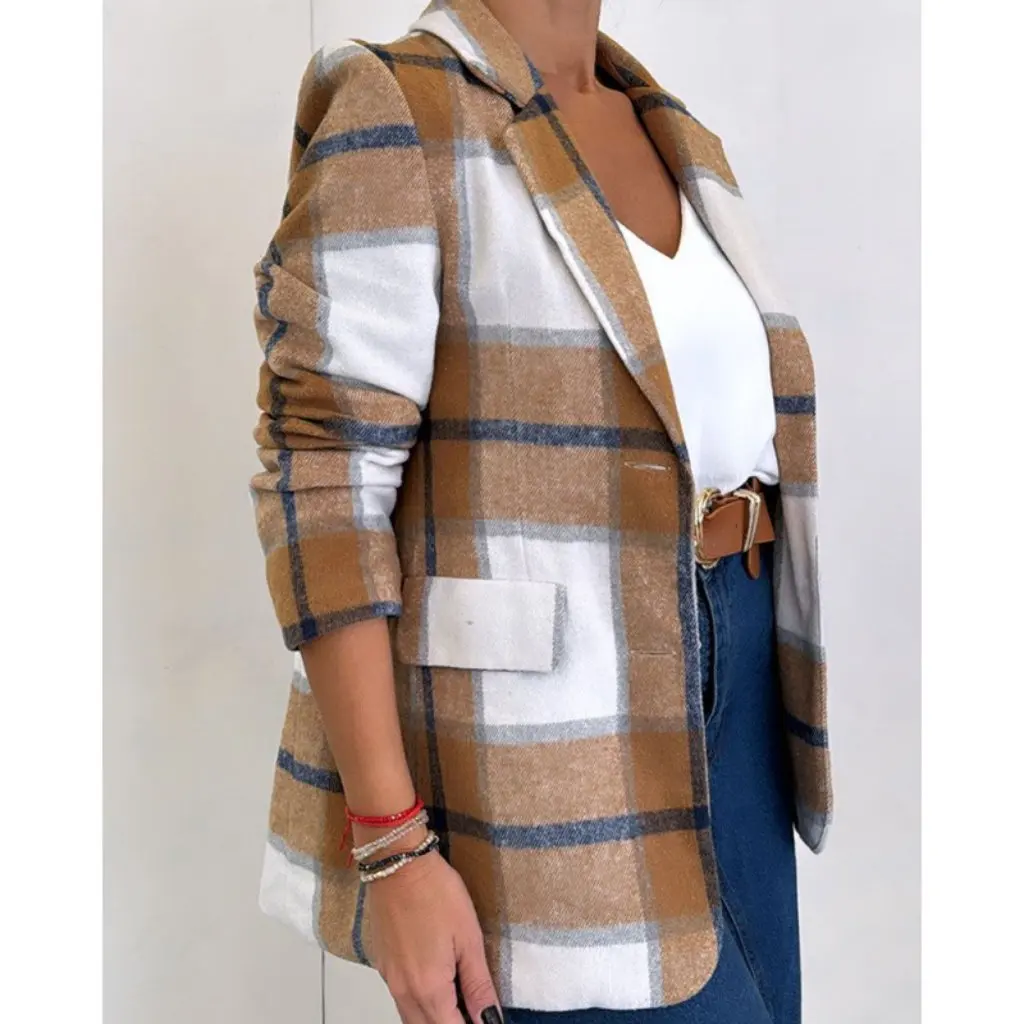 

Simple Fashion Plaid Woolen Jacket Single-Breasted Women's Outerwear Classic Style Dress Coat