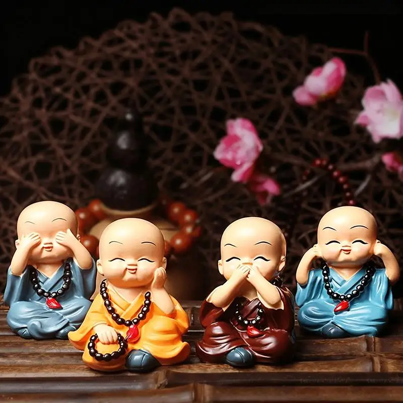 【S】4Pcs/Set Resin Crafts Gift Lovely Little Monk Sculptures Cute Monks Statues Creative Monk Dolls Table Car Decoration