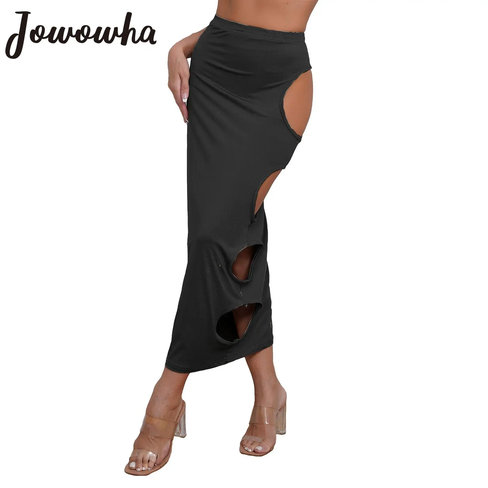 Womens Casual Cutout Bodycon Skirt Elastic Waist Side Hollow Out Solid Color Maxi Skirts Hip Wrap Skirt Raves Party Clubwear