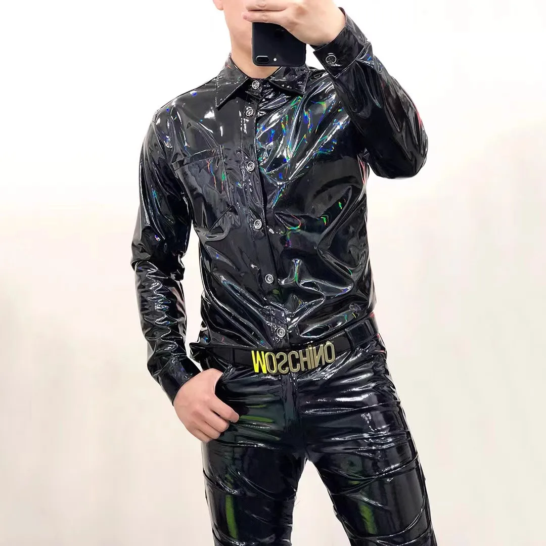 S-6XL Men Long Sleeve Mirror Reflective Shiny Elastic Slim Motorcycle PU Leather Shirt Nightclub Bar Party Singer Stage Wear