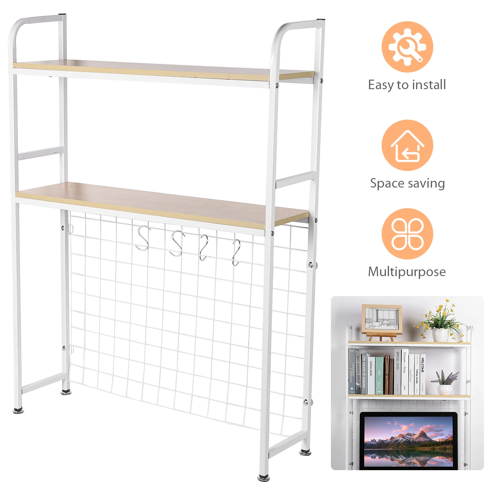 

2-Tier Desktop Hutch Bookshelf Metal Desk Shelf Bookcase with Grid Panel Countertop Storage Organizer Rack for Dorm Office
