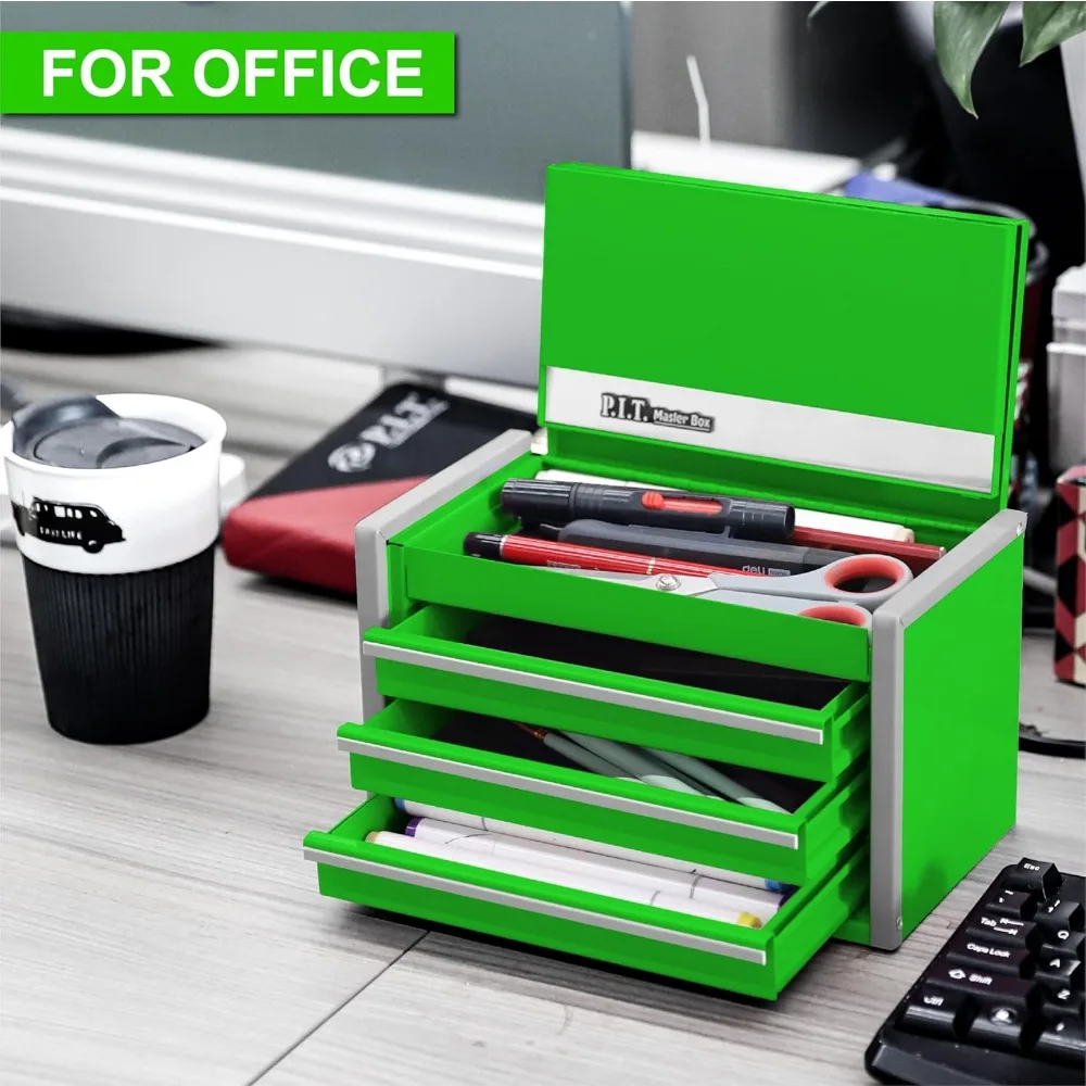 Mini Green Tool Box, Portable 3 Drawer Steel Stackable Tool Box with Magnetic Tab Locking, Green Micro Top Chest with Liner