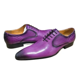 Party Dress Men Shoes Handmade Pure Genuine Leather Luxury Purple Office Dress Business Oxford Lace Up Male Footwear Ideal Gifts