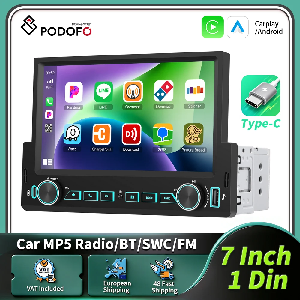 Podofo 1Din 7 Zoll Autoradio mit kabellosem Carplay, Android Auto, intelligentem Fahrzeugsystem, MirrorLink, universellem Auto-MP5-Player, HD-Touchscreen, Multimedia-Player, Audio-Stereoanlage,