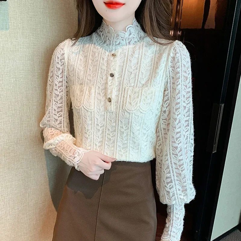 

Новая женская блузка с длинным рукавом и рюшами, кружевная бархатная утепленная блузка, рубашка, женские топы, блузки, рубашки Blusas Para Mujer M612