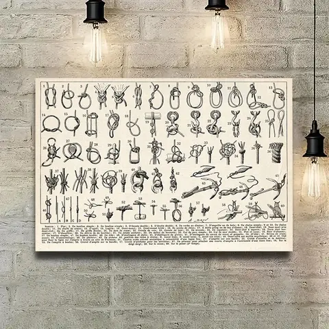 （With Frame)Vintage Nautical Knots Chart 60 Classic Sailor Rope Poster Maritime Knotting Guide Wall Art Boat Cabin Coastal Decor