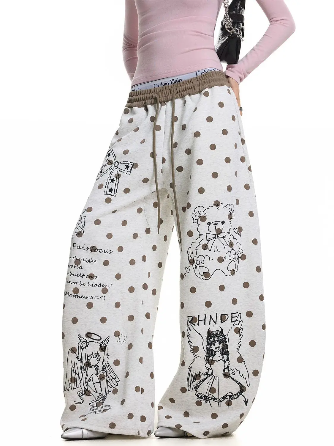 Harajuku Polka Dot Wide Leg Sweatpants | Cartoon Bear & Angel Girl Graphic Print | Elastic Waist Baggy Streetwear Pants Sweet