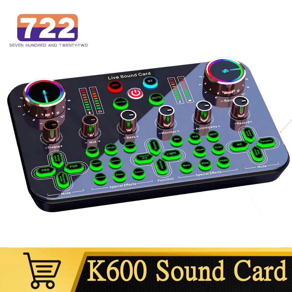 Professional 48V Microphone Sound Card DJ16 Live Broadcast Audio Mixer For Mobilephone Karaoke Singing Equipment K600