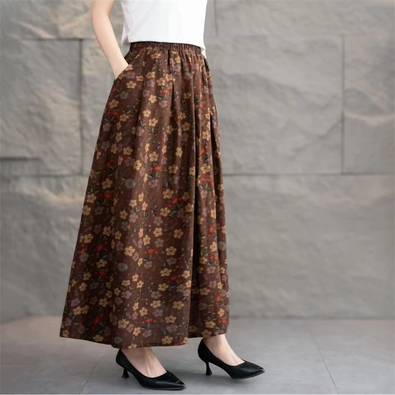 Cotton Linen Floral Skirt Middle-aged Mother Dress Foreign A-line Big Swing Skirt Spring And Summer New High-waisted Long Skirt