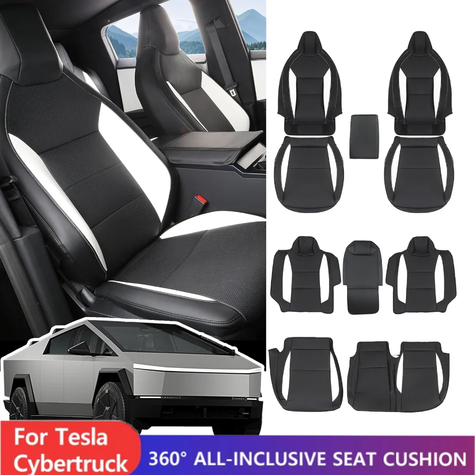 Leather Nappa Car Seat Covers for Tesla Cybertruck Full Set Full Edge Seat Covers White Black Breathable Waterproof Car Interior