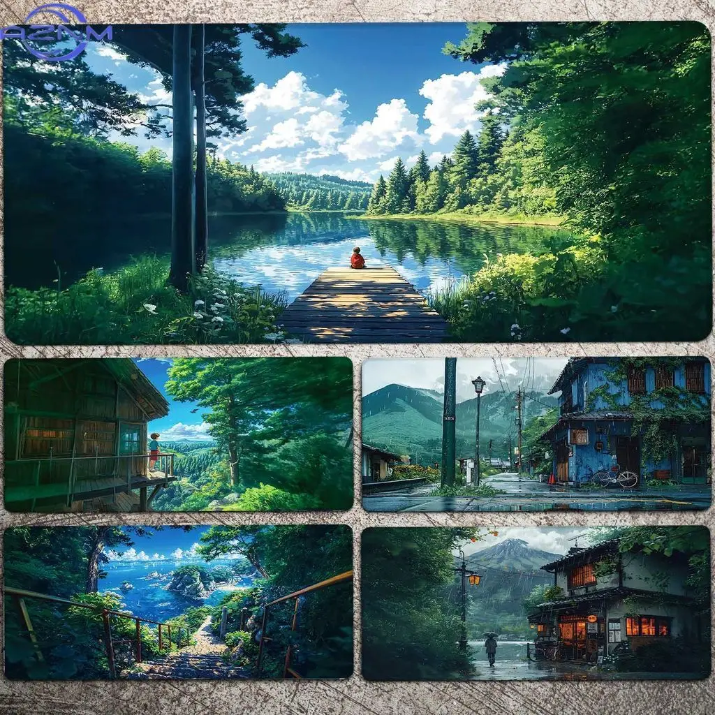 Green Landscape Mouse Pad XXL Anime Computer Office Study Desk Mat Large Wrist Support Custom Desktop Keyboard Pads