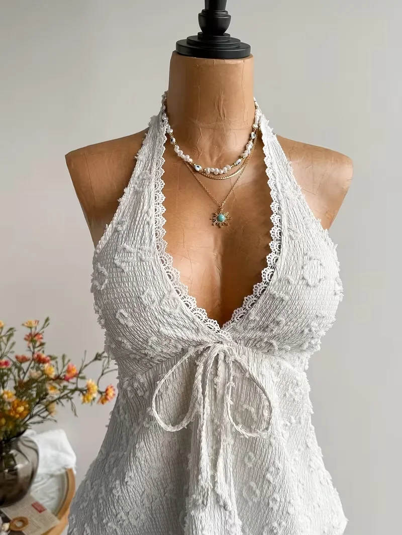 Ladies' Summer V-neck Lace Neck Strap Off Shoulder Leisure Vacation Easter Beach Wear Music Festival Top image 5
