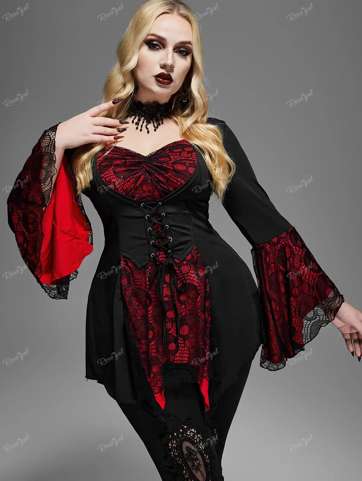 Damska tunika plus size, gotycka bluzka z długim rękawem, dekolt w serduszko, luźna bluzka, damska koszulka na jesień i zimę, rozmiar 4XL