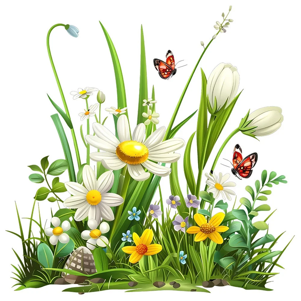 Spring Wildflower Meadow PVC Wall Sticker for Living Room Bedroom Decor 30x30cm White Self-Adhesive Removable Floral Decal