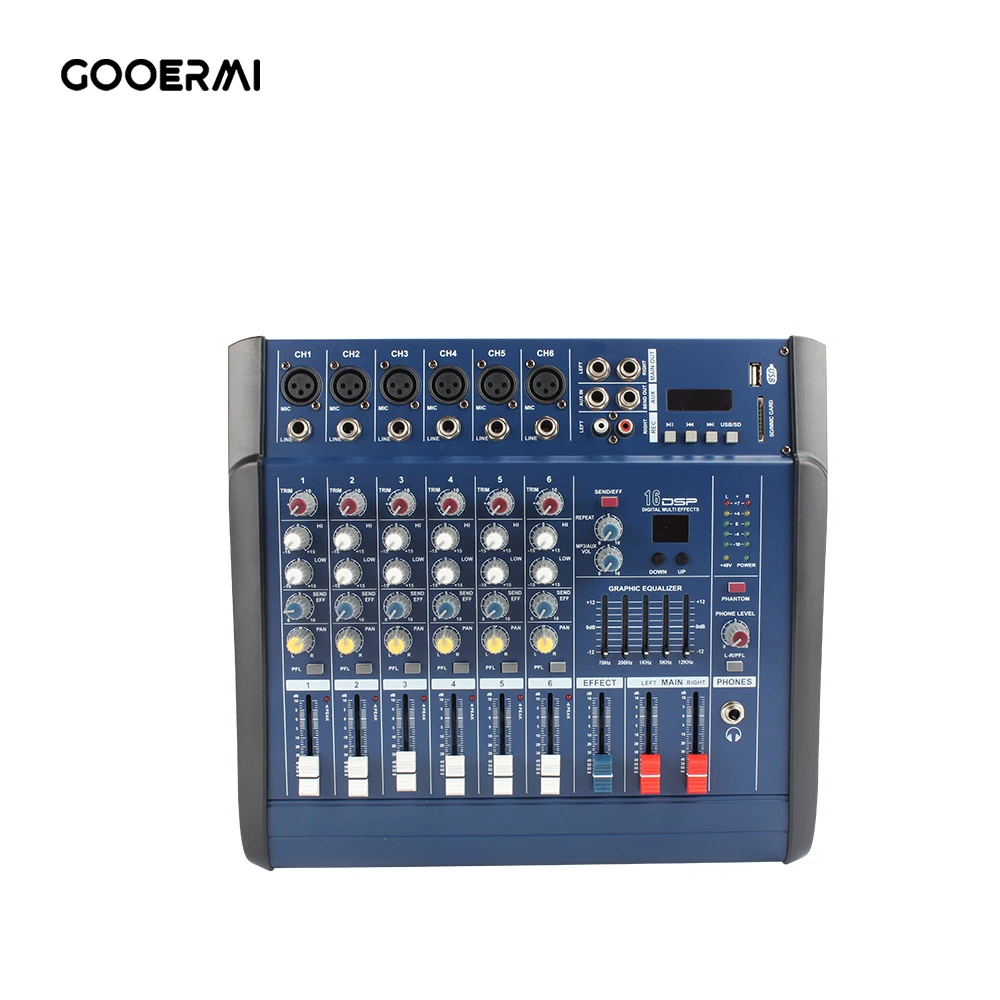 Gooermi PMX-602D High Quality Mini Mixer 6 Channel USB Interface Controller Power Mixer Amplifier for Stage