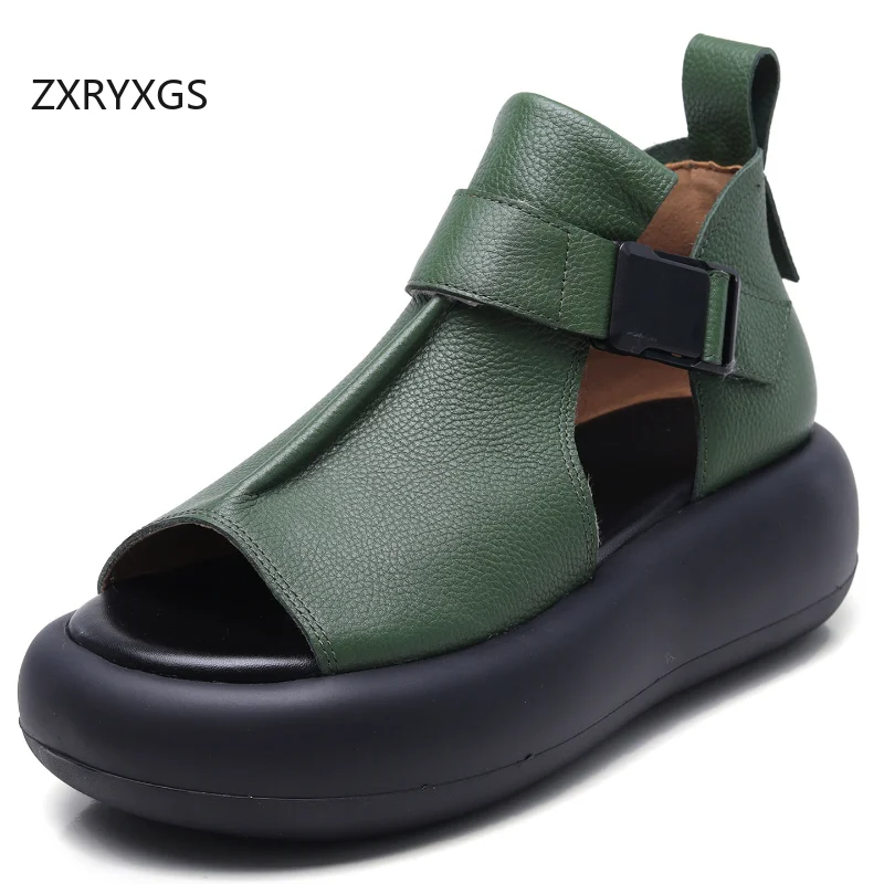 ZXRYXGS 2025 Summer New Top Layer Cowhide Retro Fish Mouth Roman Sandals Platform Elevator Shoes Summer Boots Women's Sandals