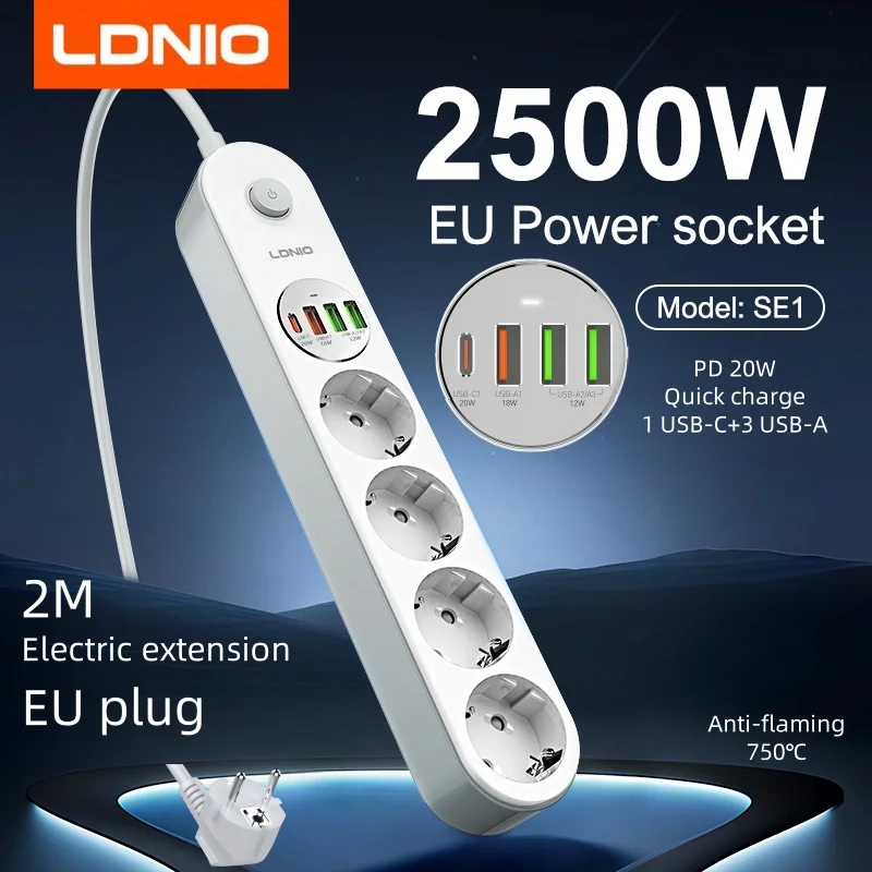 LDNIO Electric Extension 2M Power Strip Multiple European Plug Ruler Extension Outlet 20W Fast Charger Type C USB Socket Strips