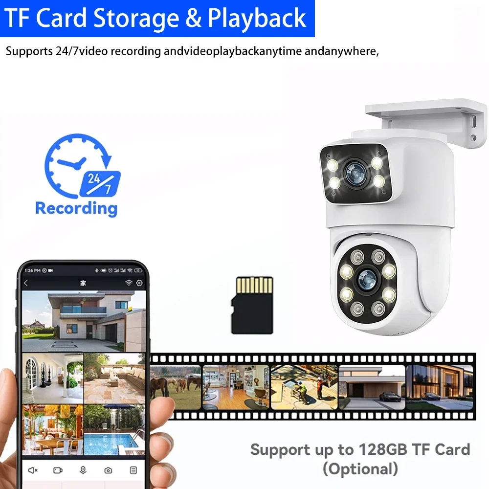 WIFI + POE Rj45 Network 8MP 4K ICsee Dual Lens Dome PTZ كاميرا مراقبة أمنية 360 ° تتبع الرؤية الليلية الملونة في الهواء الطلق #5