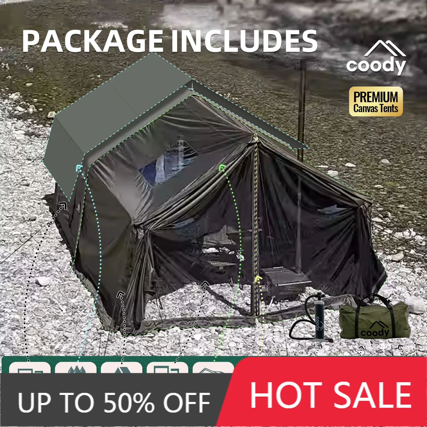 Coody 8.0+ Framed Foyer Air Tent Army Green Cotton Inflatable Shelter Factory Direct Outdoor Glamping Tent