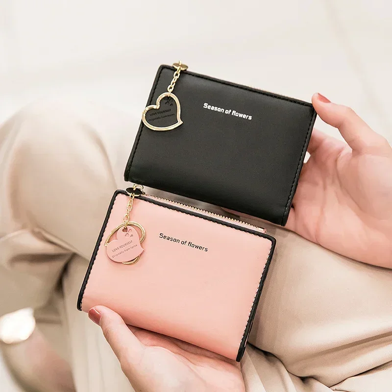 Women's Small Wallet Double Fold Ultra Thin Zero Wallet Zipper ID Bag, Contrast Color Love Pendant Short Card Bag