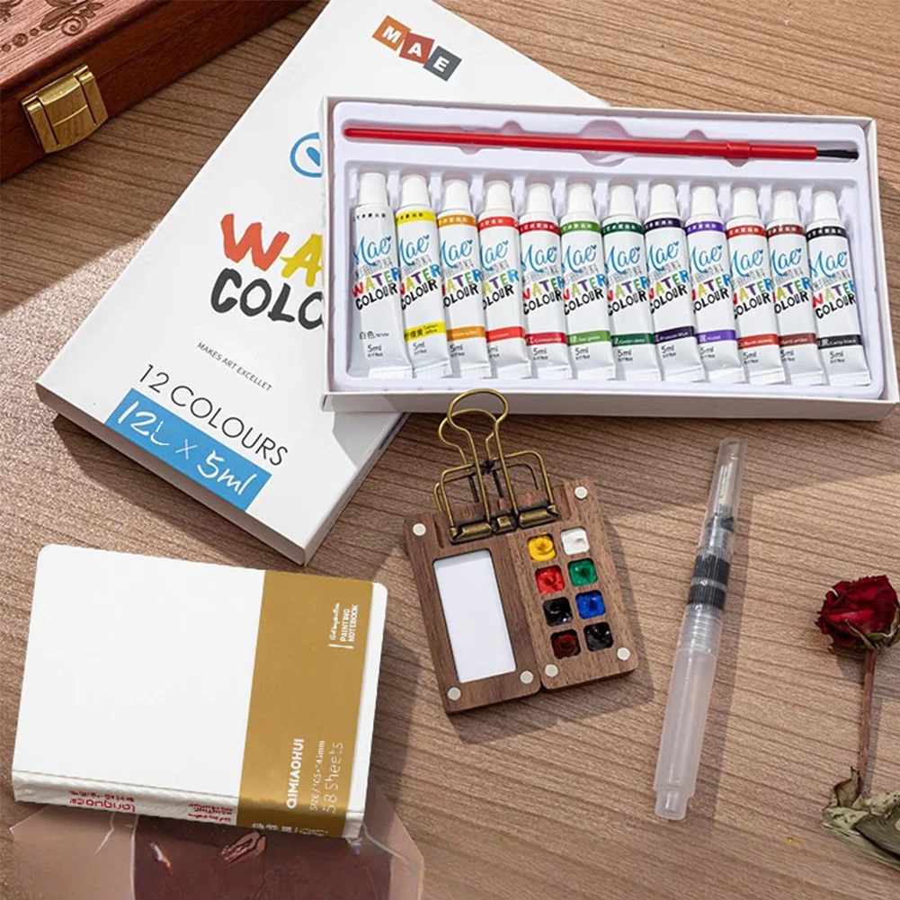 Mini juego de paleta de acuarela portátil, libro de bocetos de acuarela con Clips de carpeta, juego de viaje de acuarela portátil para dibujo de viaje