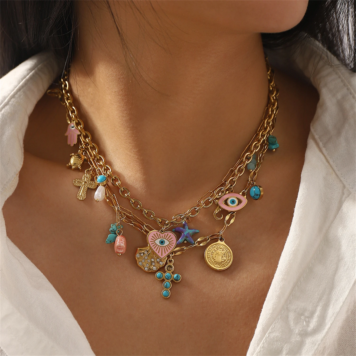 

WAAKA Layered Charm Necklace Evil Eye Cross Starfish Shell Pendants Vintage Bohemian Multilayer Chain Trendy Daily Party Jewelry