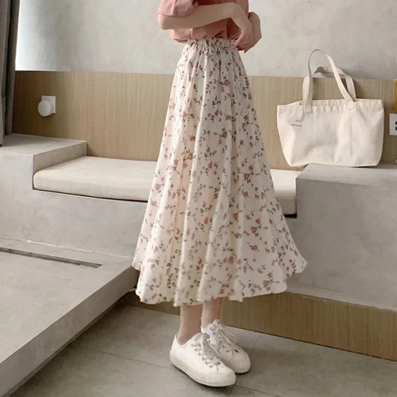 

Women Costumes 2024 Summer Chiffon Floral Skirts Korean Style A-line Long Skirts Vintage Elastic High Waist Female Maxi Skirt