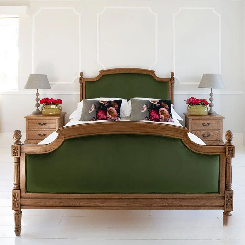 Cama de madera maciza de estilo rústico americano, cama doble de roble nórdico para dormitorio principal, cama de matrimonio de 1.8m nueva de alta gama con patas altas y talladas.