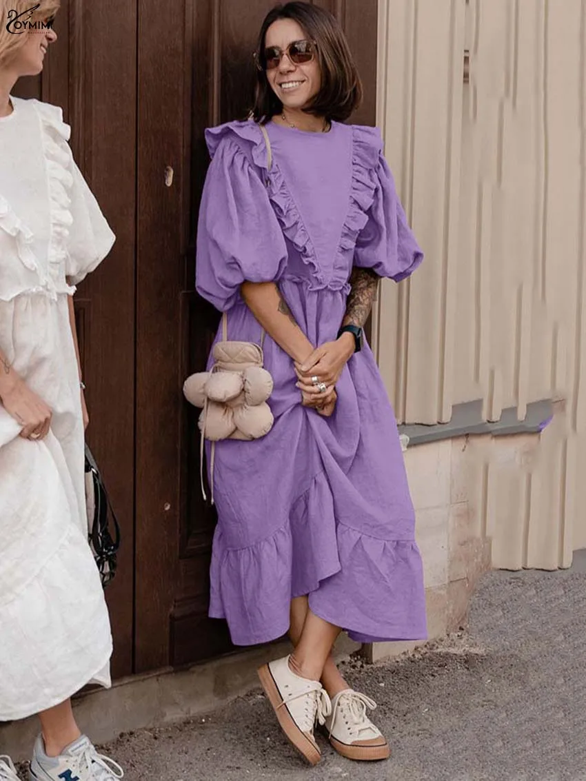 

Oymimi Elegant Purple Cotton Womens Dresses Casual O-Neck Puff Sleeve Ruffled Dresses Fashion Loose Mid-Calf Dress Streetwear