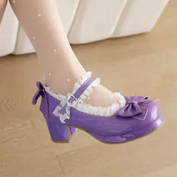 Sweet Lolita Girls Shoes Women Mary Janes High Heels Ruffle Bow Patent Leather Wedding Party Cosplay Women Pumps Plus Size 30-48