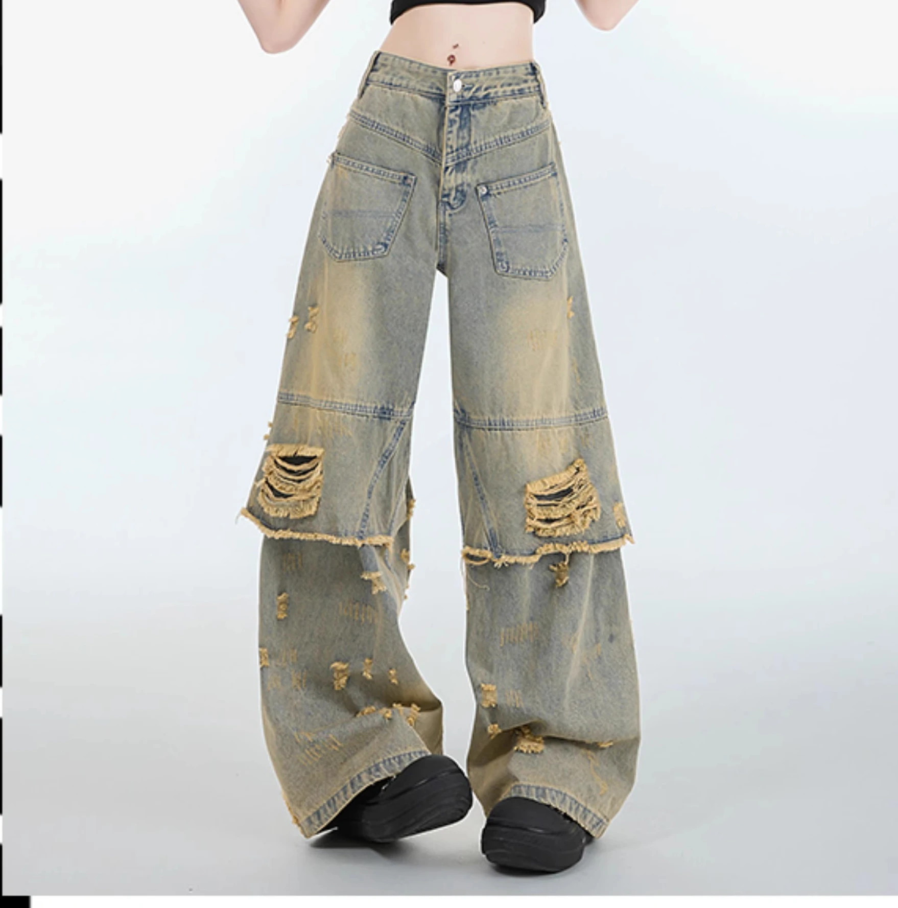 Large Size 2XL-6XL American Personality Street Women Wide-leg Jeans Temperament Retro High Waist Loose Ripped Straight Trousers - Image 6