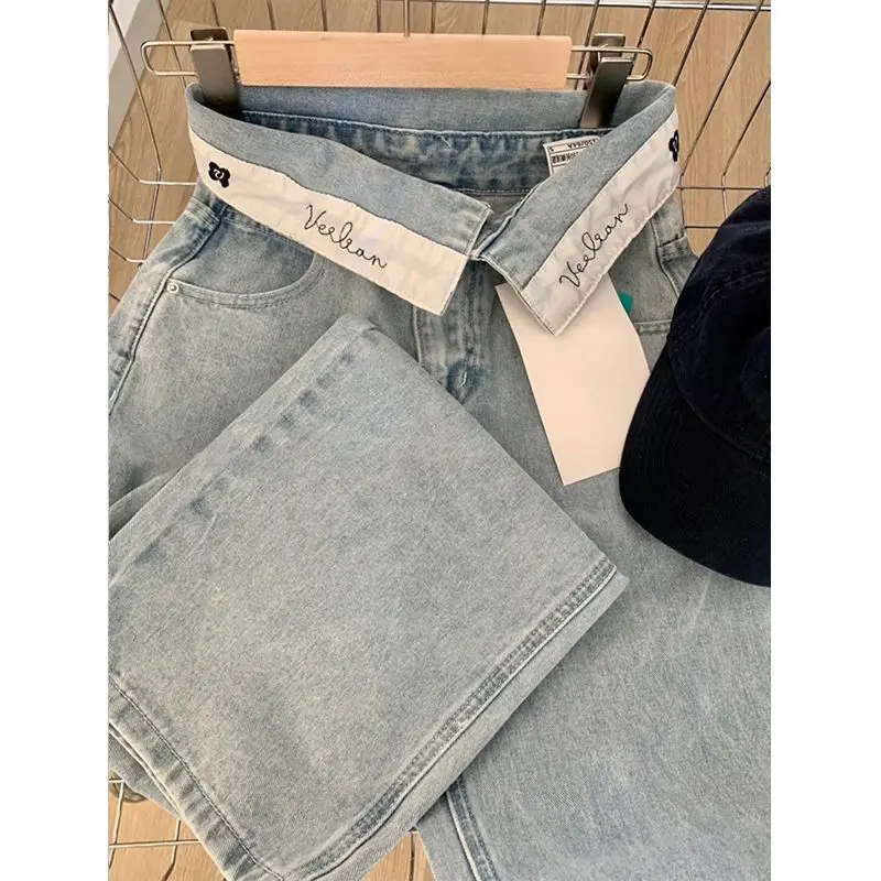 

High Waist Straight Leg Wide Leg Pants Loose Slimming Turn up Design Denim Pants Meat Concealing Women's Fashion 2025
