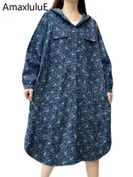 AmaxluluE Korean Loose Denim Dresses Women Spring Fashion Printed Classic Casual Vestidos Ladies Hooded Harajuku Elegant Clothes