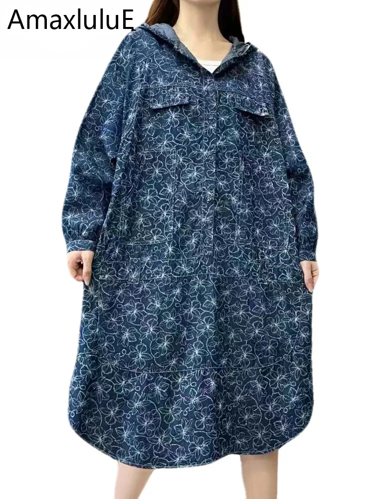 AmaxluluE koreańskie luźne sukienki dżinsowe damskie wiosenne modne drukowane klasyczne Casual Vestidos damskie z kapturem Harajuku eleganckie ubrania