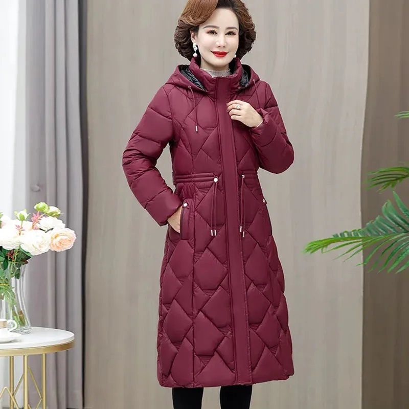 

New High-end Middle-aged Womens Down Cotton Coat Winter Warm Padded Jackets Casual Female Long Hooded Parker Overcoat Tide Black