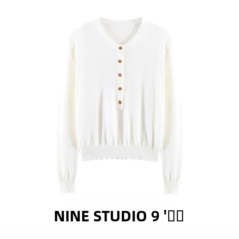 

NINE ZAR Women's Casual Color Short Knitwear Long Sleeve round Neck Button up Top European Style Acrylic Spring Season