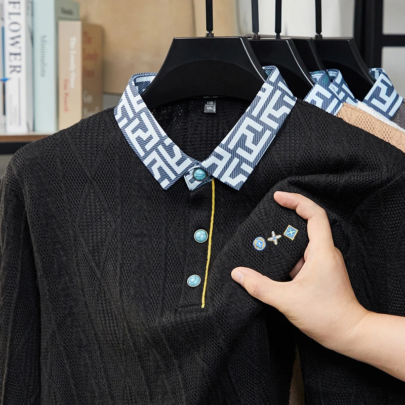 

Knitted Long Sleeved T-shirt Men's Lapel Jacquard Polo Shirt High-end 2025 New Spring Autumn Base Shirt Middle-aged Men