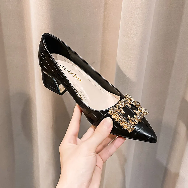 Plus Size Shoes for Women Chunky Heels Pumps New Girl Pointed Toe High Heels Shoes Rhinestone Dress Shoes